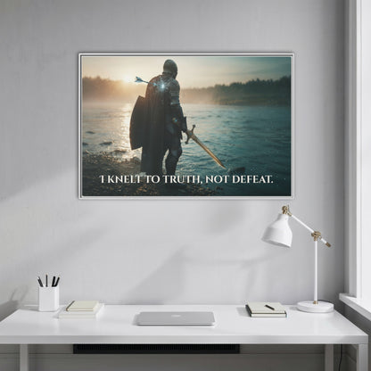 White framed knight-at-the-river canvas with the quote ‘I knelt to truth, not defeat’ styled straight-on above a minimalist white desk.