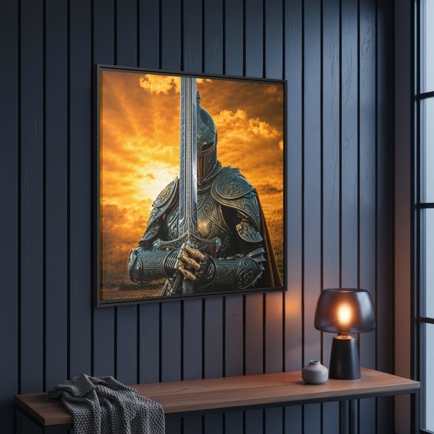 Angled view of black framed Chapter 1 knight canvas on a dark panelled hallway wall above a console with warm lamp.