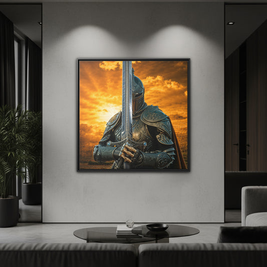 Black framed square canvas of a medieval knight holding a vertical sword under an embered sky, hanging in a modern living room – Chapter 1 wall art.