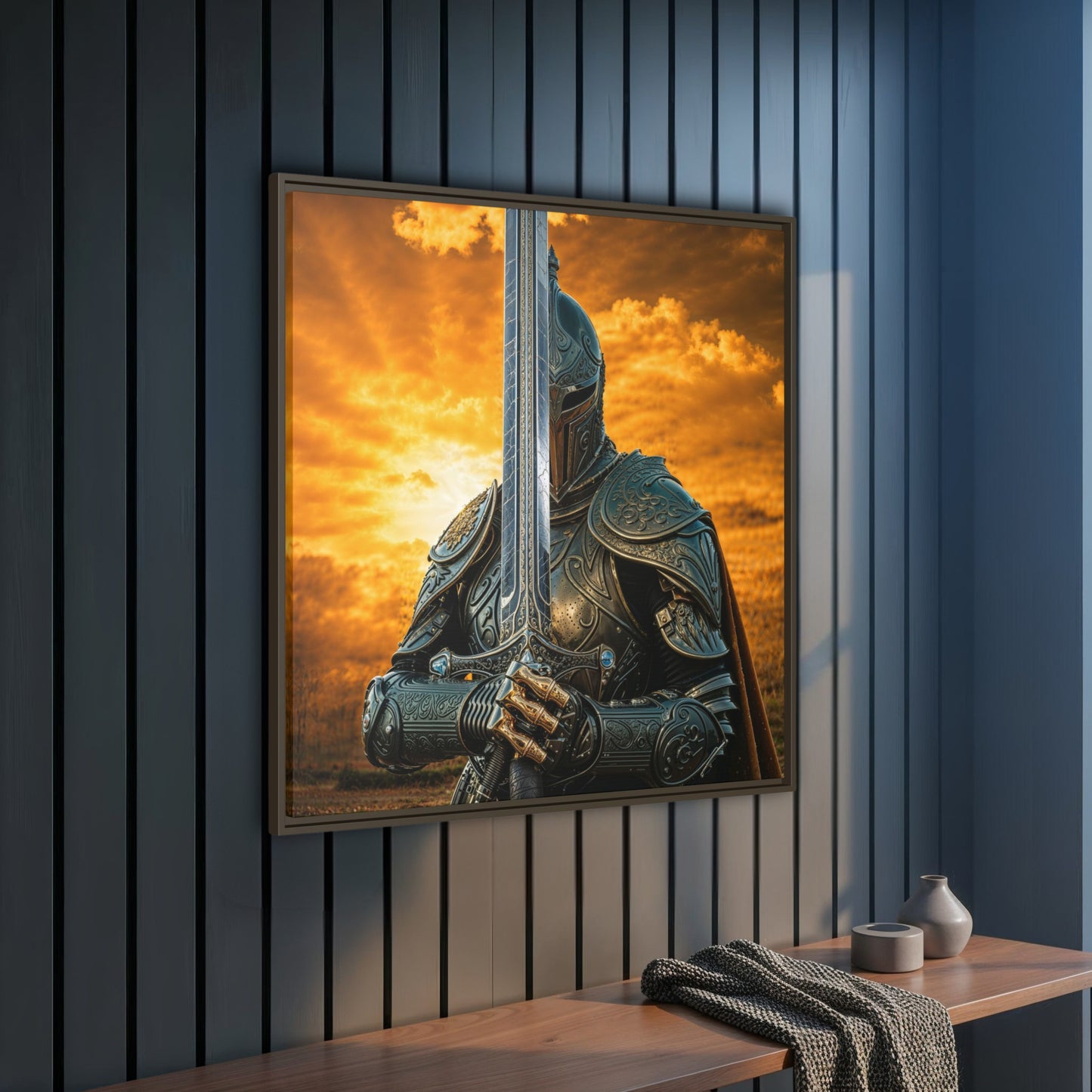 Angled espresso framed Chapter 1 knight canvas on a panelled wall above a wooden console with folded throw and vases.