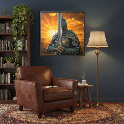 Espresso framed knight and sword canvas from Chapter 1, mounted above a leather armchair in a cosy reading nook with bookshelf and lamp.