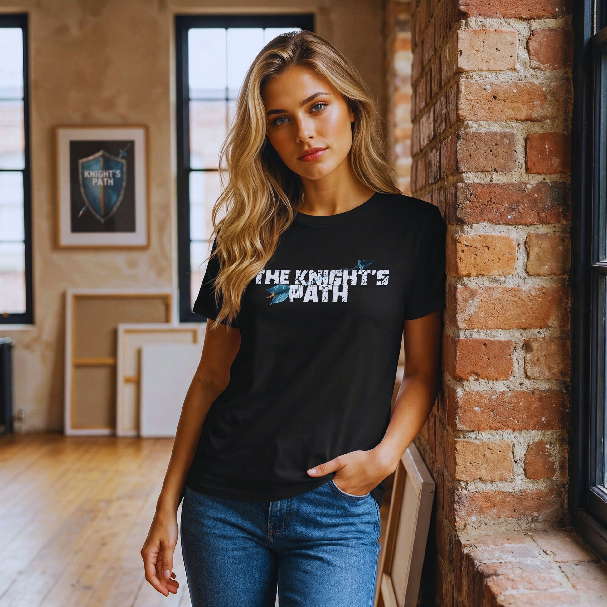Woman in a loft studio leaning against an exposed brick pillar, wearing a black “The Knight’s Path” organic t-shirt with a distressed white logo and a blue arrow.