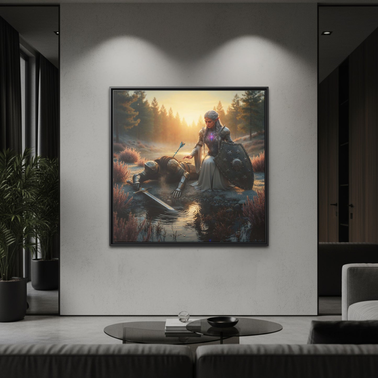 Black framed square canvas of Lumera beside the fallen Knight at the river after the Arrow of Destiny strike, hanging in a modern living room.