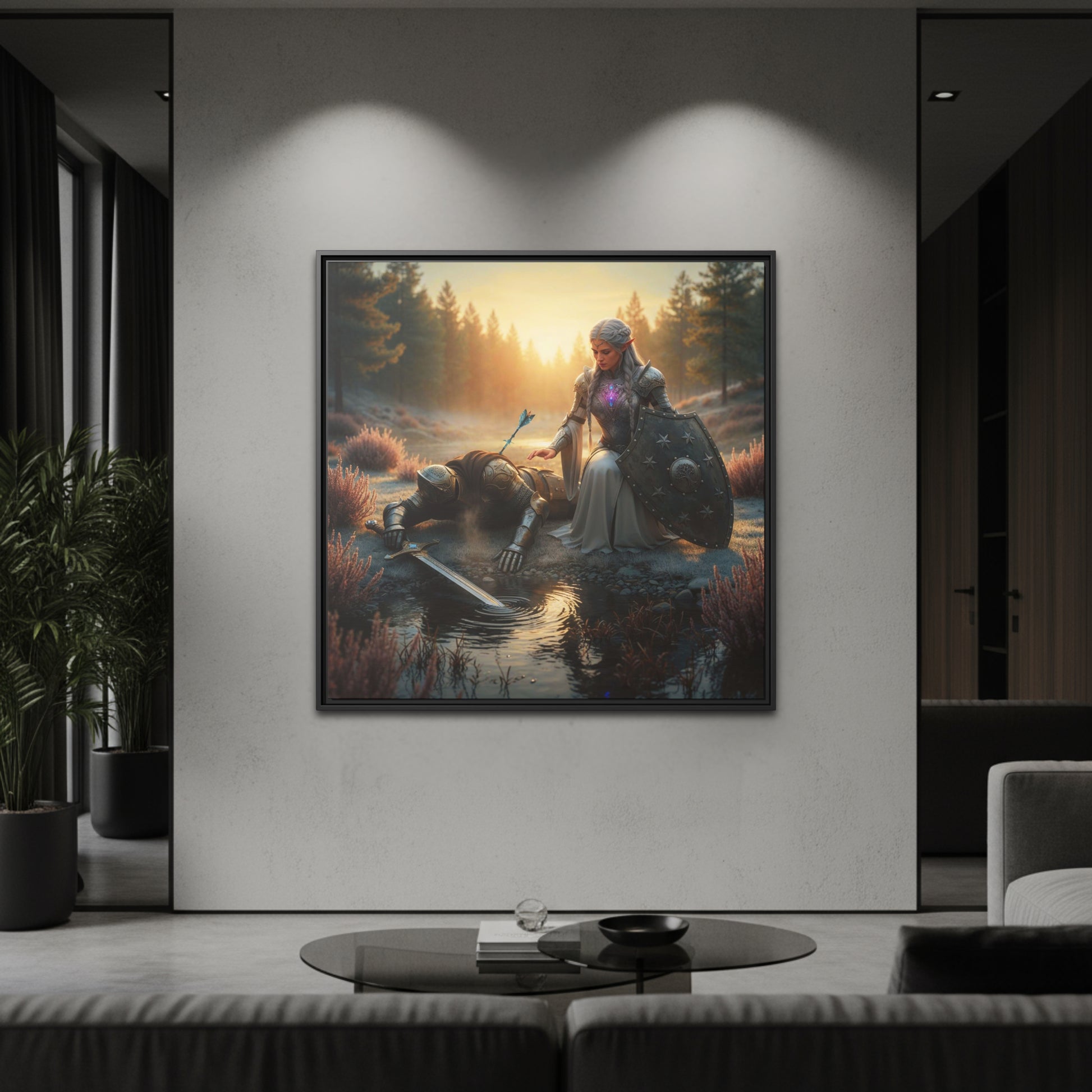 Black framed square canvas of Lumera beside the fallen Knight at the river after the Arrow of Destiny strike, hanging in a modern living room.