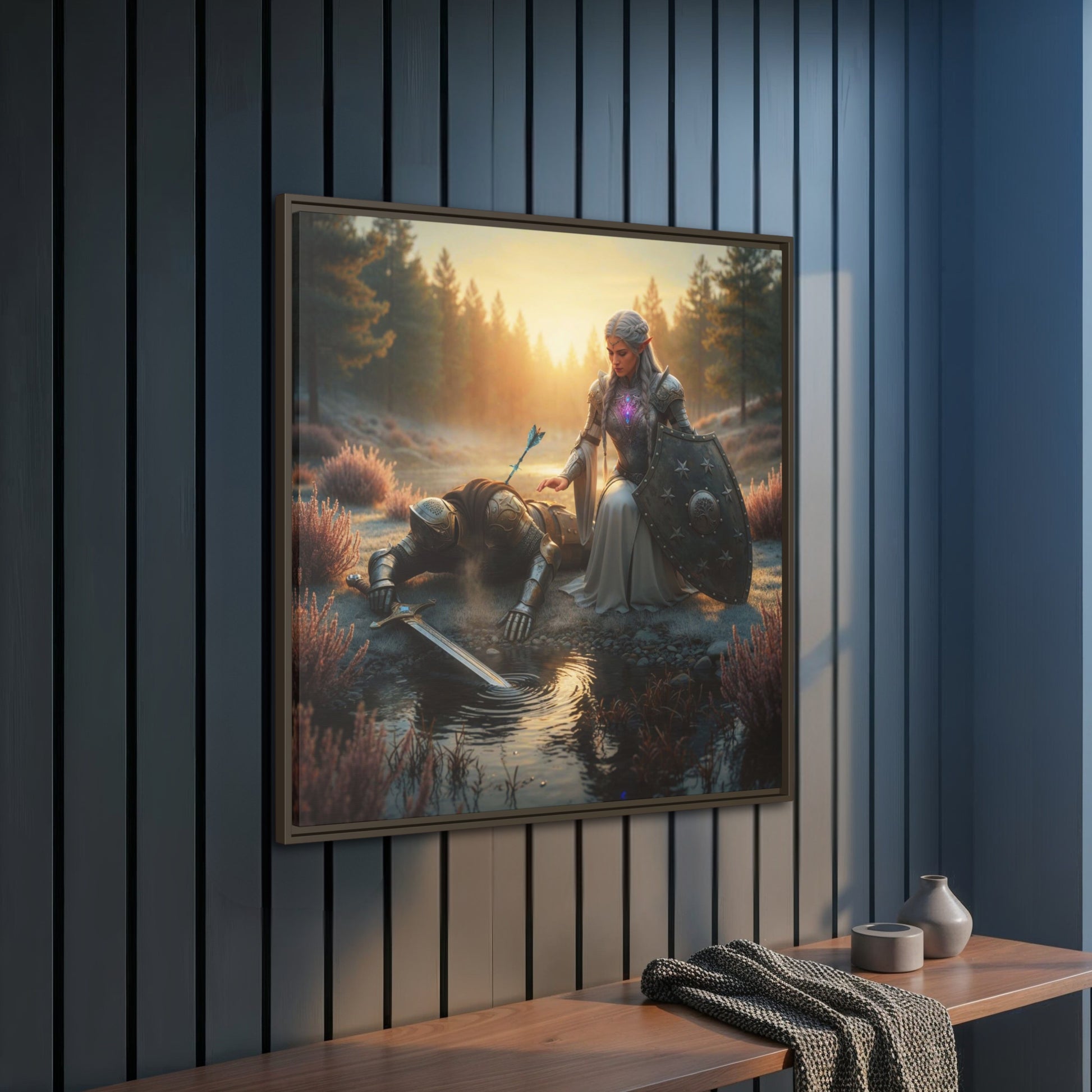 Side angle of espresso framed Chapter 1 canvas showing Lumera guarding the fallen Knight at the river, mounted on a panelled wall above a wooden bench.