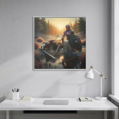 White framed Lumera and fallen Knight canvas from Chapter 1 hanging straight-on above a minimalist white desk in a bright workspace.