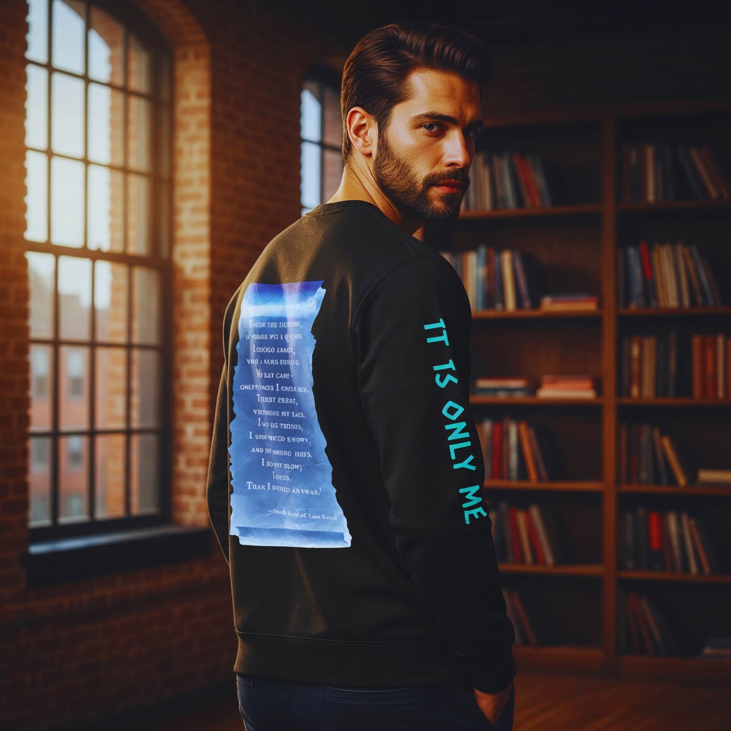 Adrian glancing back over his shoulder, the blue scroll of the first enemy oath printed across the back of the black Chapter 1 sweatshirt with “IT IS ONLY ME” on the sleeve.