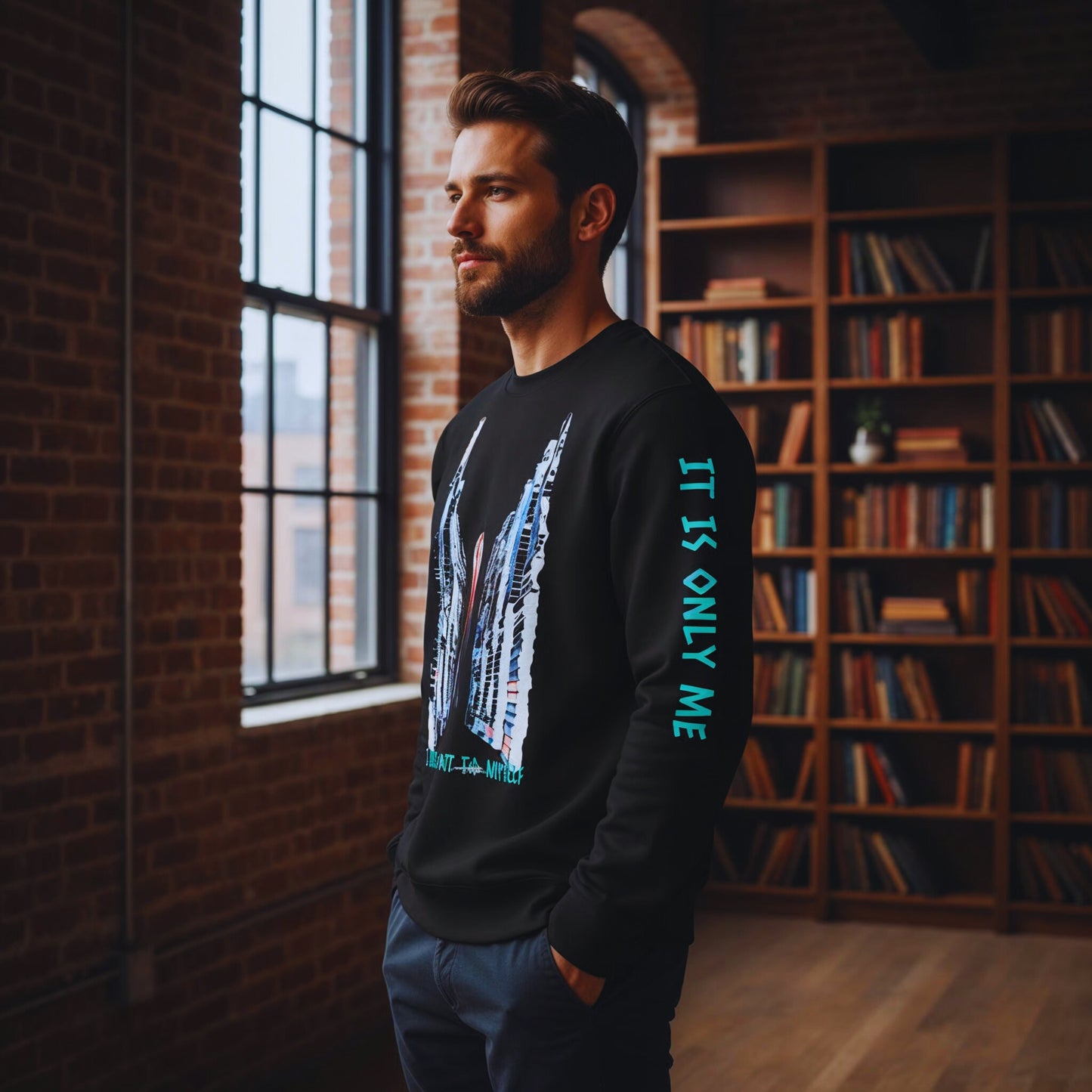 Adrian standing by tall library windows in the Chapter 1 black sweatshirt, showing the Maze of the Mind book-arch design and turquoise “IT IS ONLY ME” sleeve print.