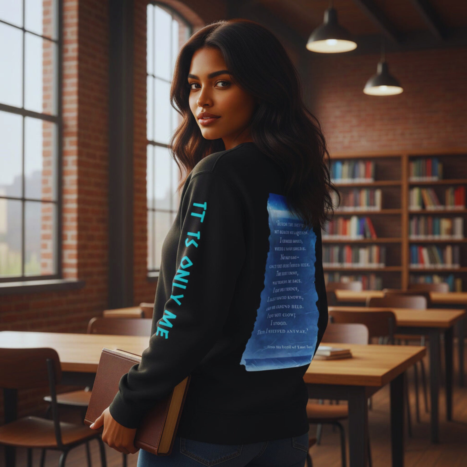 Amara holding a book in the library with her back to the camera, revealing the blue scroll quote and sleeve text “THEN I STEPPED ANYWAY” on the Chapter 1 black sweatshirt.
