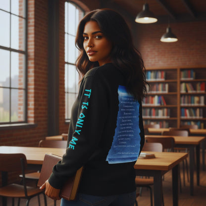 Amara holding a book in the library with her back to the camera, revealing the blue scroll quote and sleeve text “THEN I STEPPED ANYWAY” on the Chapter 1 black sweatshirt.