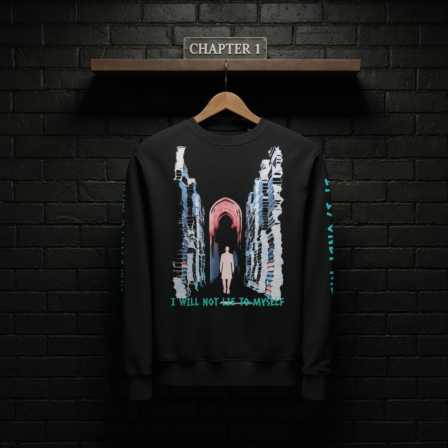 Chapter 1 black sweatshirt hanging on a rail against a dark brick wall, front design of a lone figure walking between towering books above the words “I WILL NOT LIE TO MYSELF”.