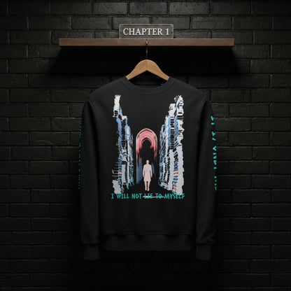 Chapter 1 black sweatshirt hanging on a rail against a dark brick wall, front design of a lone figure walking between towering books above the words “I WILL NOT LIE TO MYSELF”.