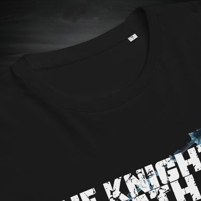 Close-up of the neckline and chest print of a black “The Knight’s Path” organic tee, highlighting stitching, fabric texture, and distressed logo detail.