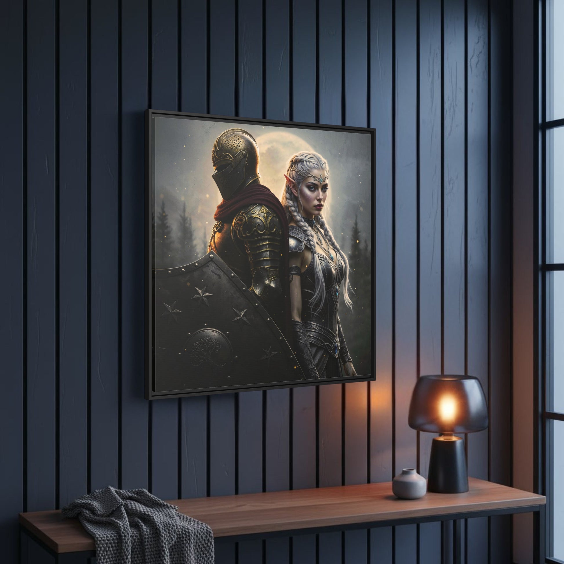 Angled view, black frame — The Knight & Lumera Chapter 1 matte canvas; cinematic fantasy wall art for modern interiors.