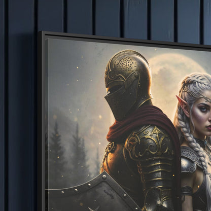 Close-up of slim black gallery frame and matte canvas texture — The Knight & Lumera, Chapter 1 premium museum-grade detail.