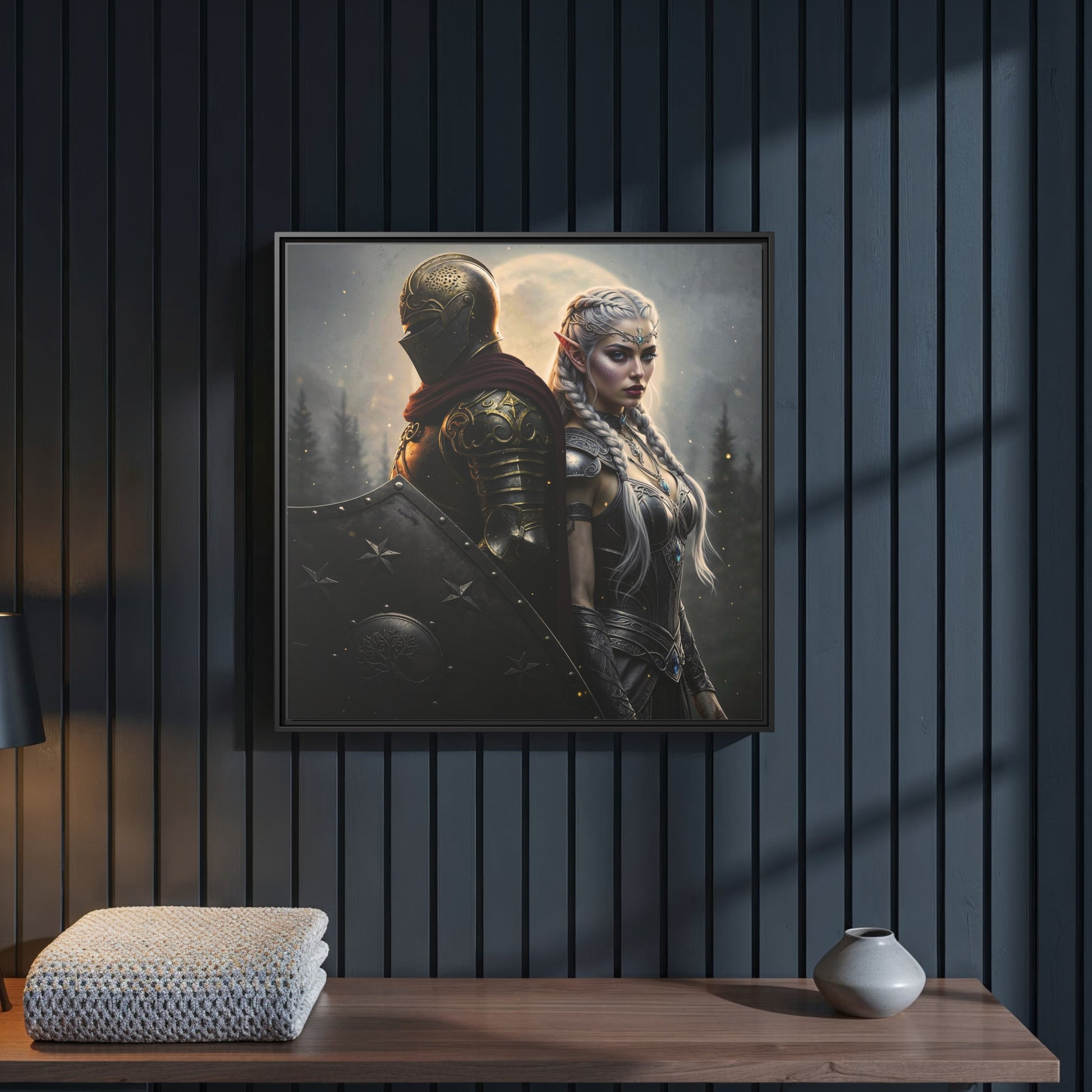 The Knight & Lumera — Chapter 1 matte framed canvas in slim black frame; moonlit duo symbolising courage and the inner guiding voice.