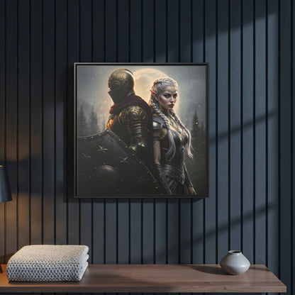 The Knight & Lumera — Chapter 1 matte framed canvas in slim black frame; moonlit duo symbolising courage and the inner guiding voice.