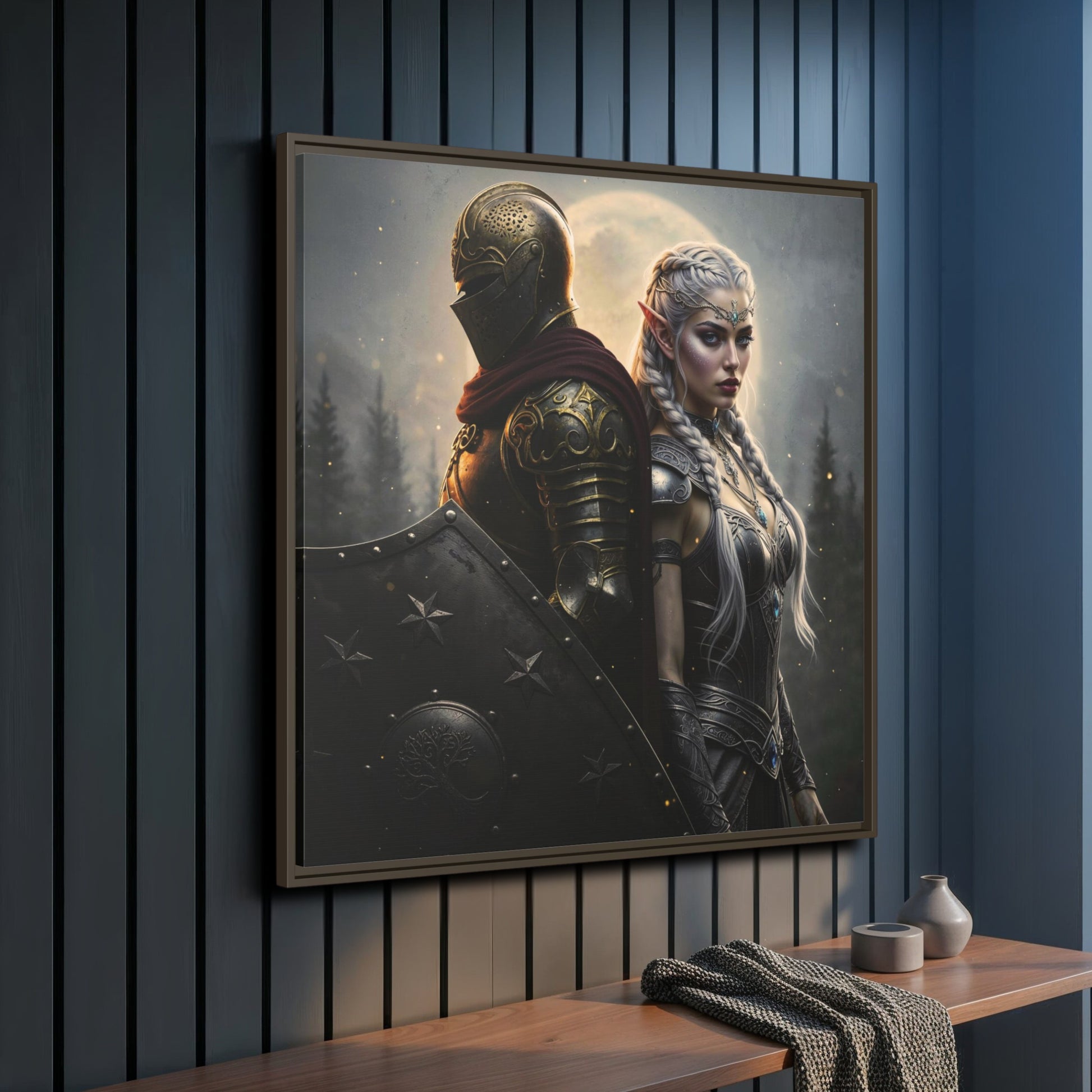 Angled espresso wood frame on dark wall — The Knight & Lumera Chapter 1 matte canvas; luxury fantasy décor, motivational artwork.