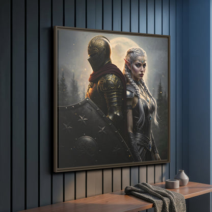 Angled espresso wood frame on dark wall — The Knight & Lumera Chapter 1 matte canvas; luxury fantasy décor, motivational artwork.