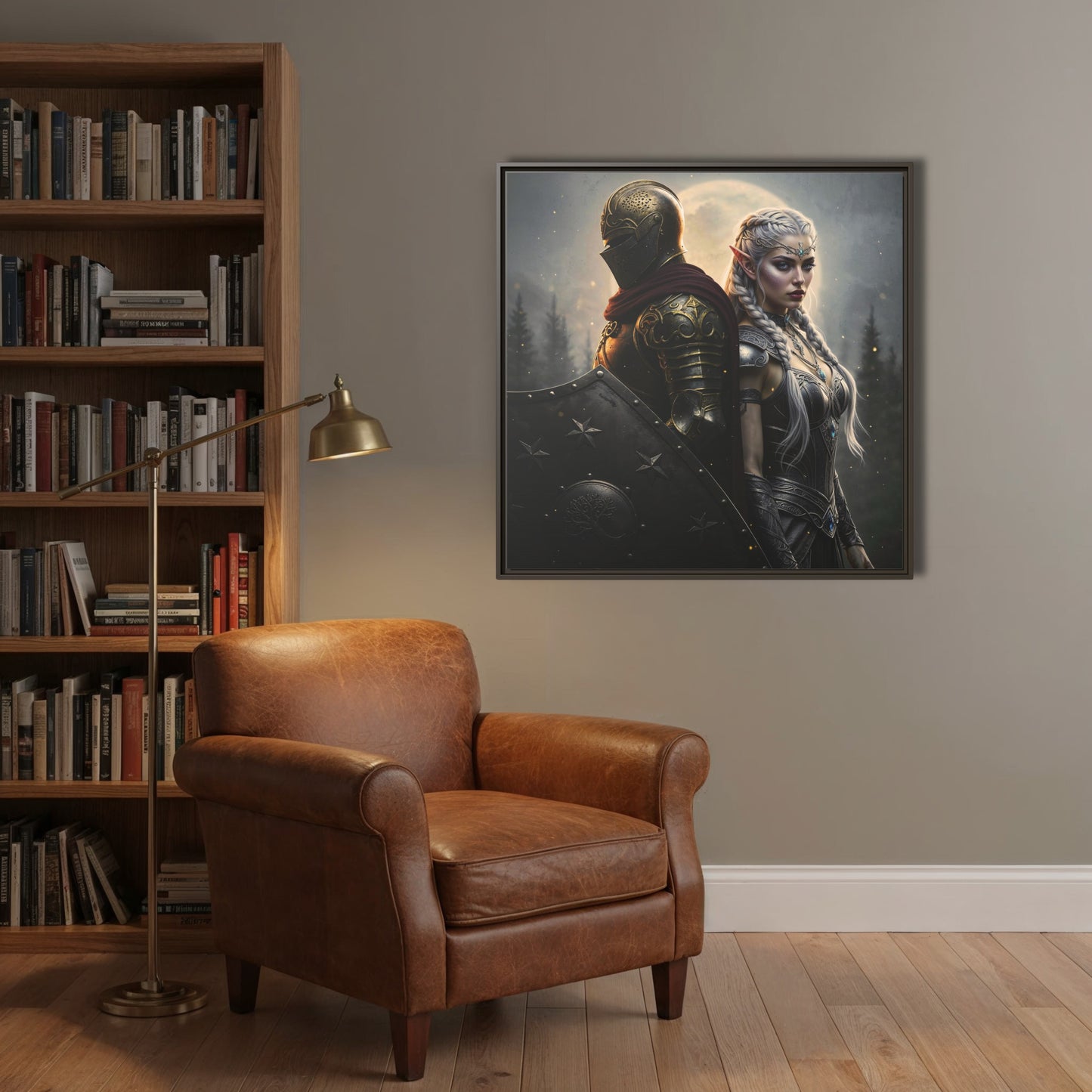Espresso-frame Chapter 1 canvas in reading nook — cinematic Knight & Lumera duo; motivational fantasy wall art for mindful spaces.