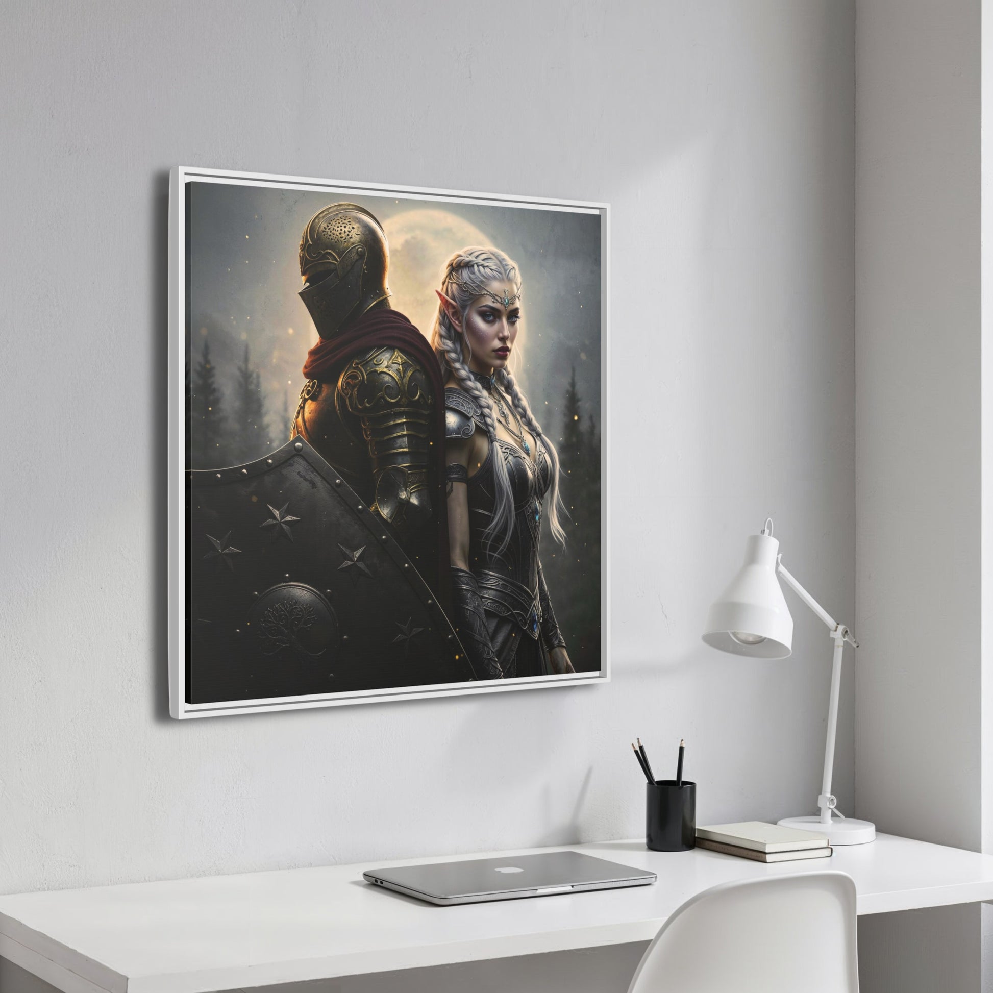 Angled white frame above minimalist desk — The Knight & Lumera Chapter 1 matte canvas; story-driven décor and focus cue.