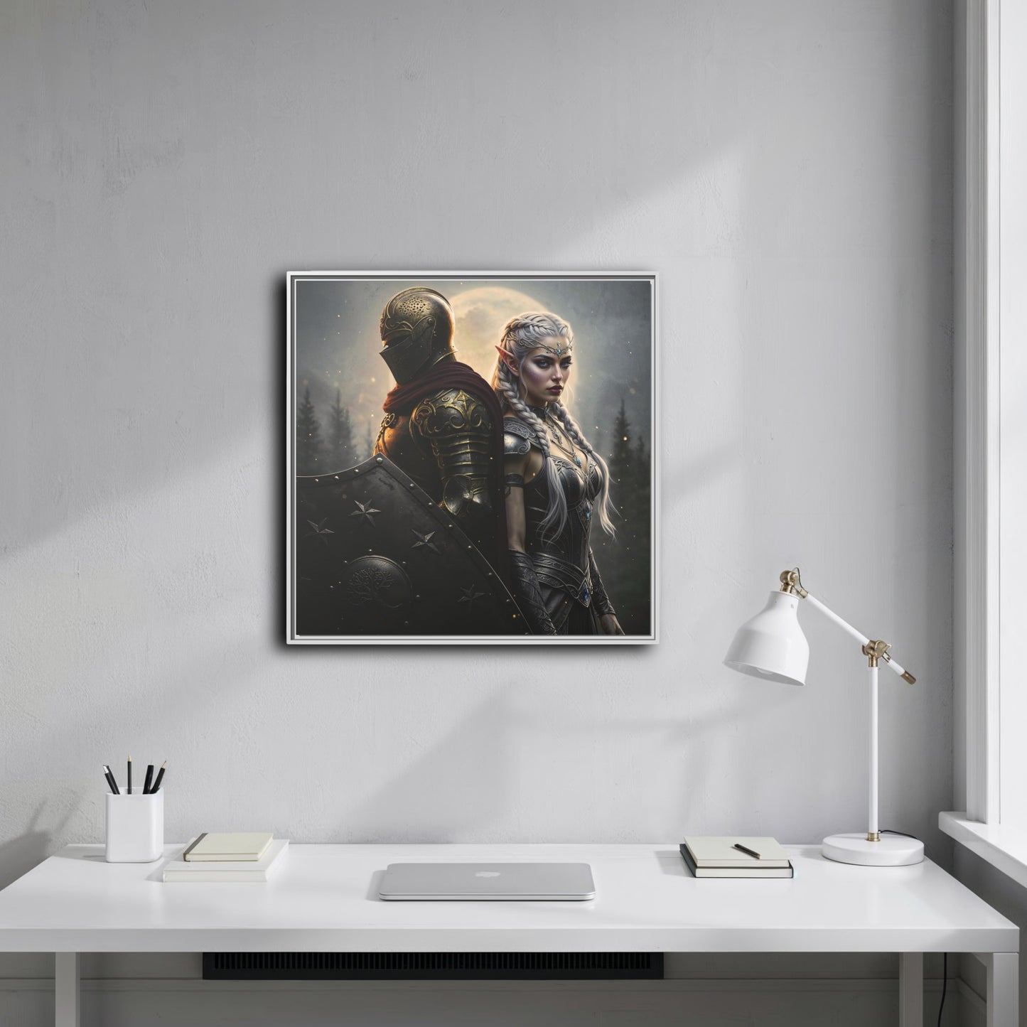 White-frame Chapter 1 canvas above desk — The Knight & Lumera from The Knight’s Path; daily reminder to face the first enemy.