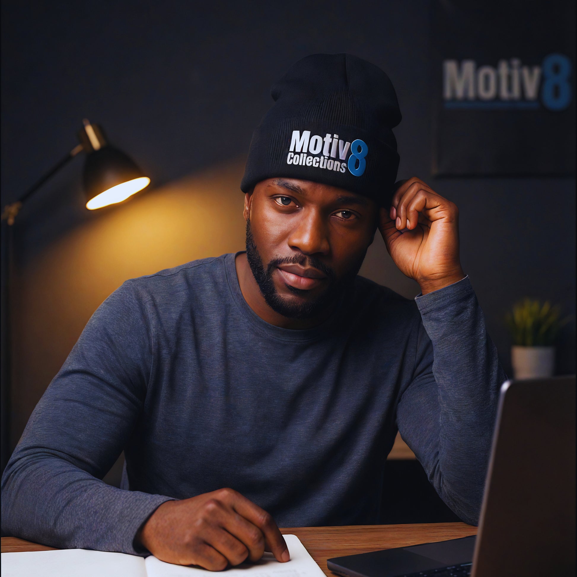 Motiv8 Collections black cuffed beanie with blue 8 logo on Malik Stone working at his desk, lamp glow and laptop in the background, focused late-night creator energy.