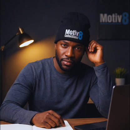 Motiv8 Collections black cuffed beanie with blue 8 logo on Malik Stone working at his desk, lamp glow and laptop in the background, focused late-night creator energy.