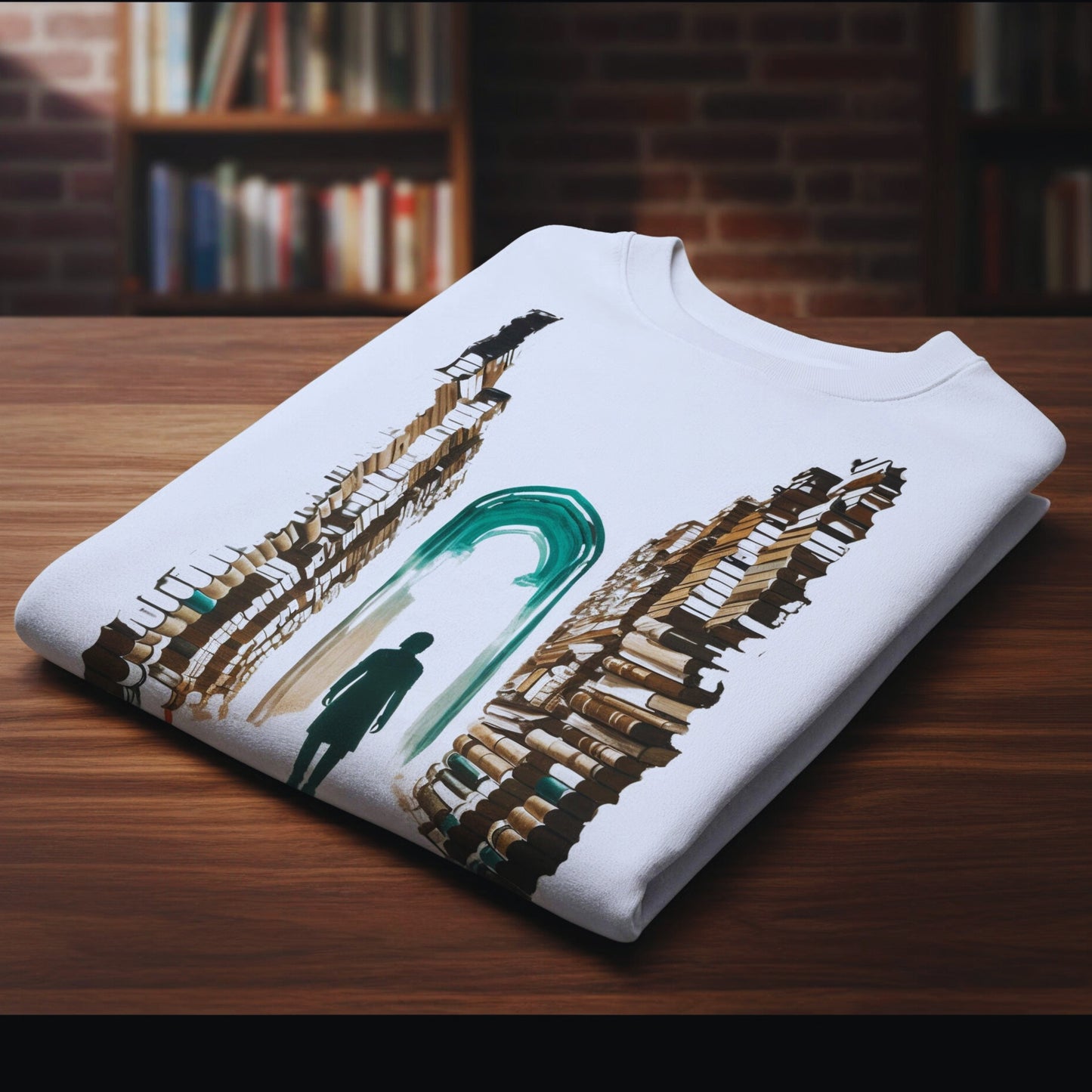 White “I Will Not Lie To Myself” sweatshirt neatly folded on a wooden table with blurred bookshelves in the background.