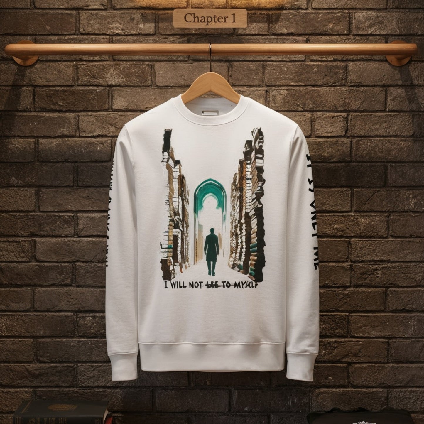 White “I Will Not Lie To Myself” sweatshirt hanging on a wooden rail against a brick wall under a Chapter 1 sign.