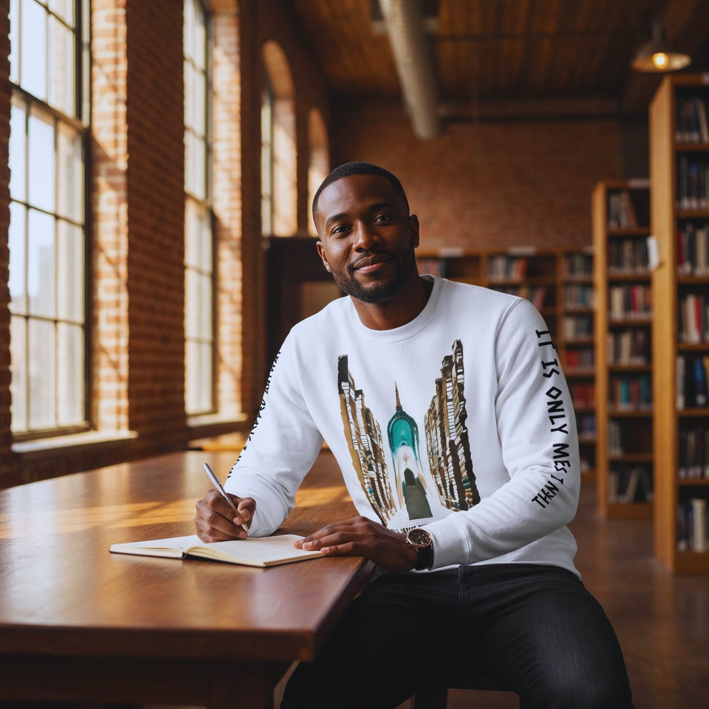 Man writing in a journal at a long wooden table in a loft library while wearing the white book-arch sweatshirt.