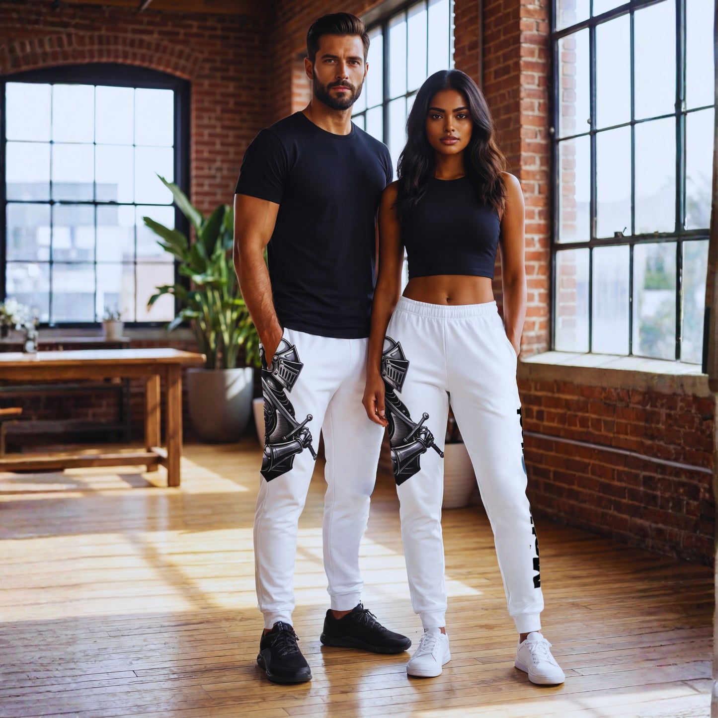 Adrian and Amara wearing white Motiv8 Collections Knight Armor joggers in a bright brick loft, standing side by side in black tops, showcasing the unisex matching streetwear set.