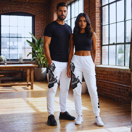 Adrian and Amara wearing white Motiv8 Collections Knight Armor joggers in a bright brick loft, standing side by side in black tops, showcasing the unisex matching streetwear set.