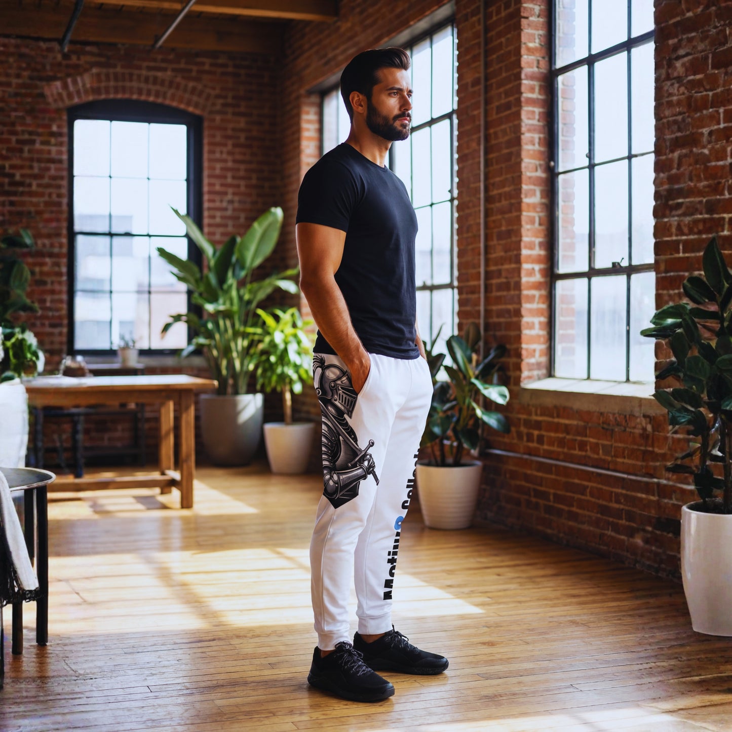 Adrian in the Motiv8 industrial loft wearing white Knight Armor joggers and a black T-shirt, side profile near tall windows, clearly showing the large knight illustration on the thigh.