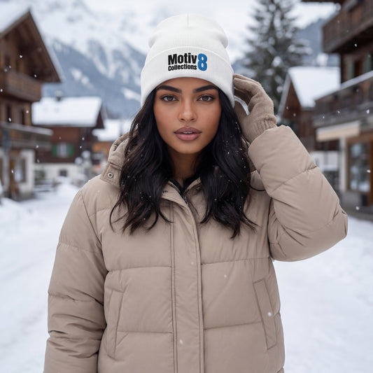Amara Solis wearing white Motiv8 Collections beanie and puffer jacket in snowy alpine village, motivational cold-weather look