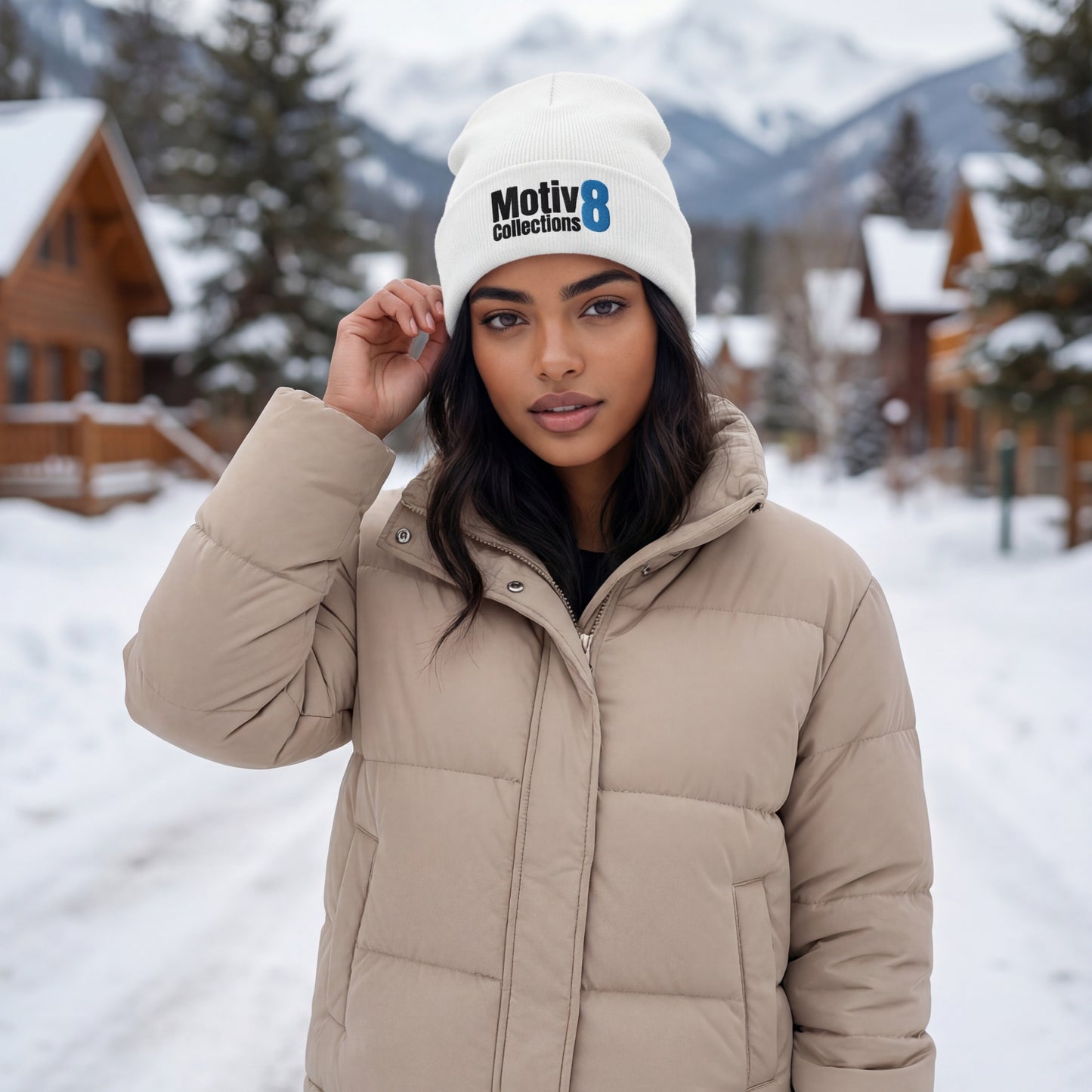 Side view of Amara Solis in white Motiv8 Collections beanie and beige puffer, snowy cabins and mountains in background