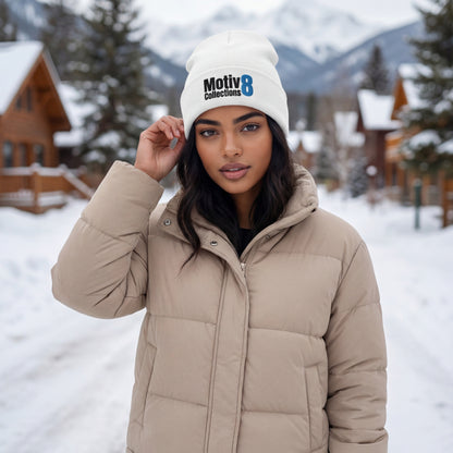 Side view of Amara Solis in white Motiv8 Collections beanie and beige puffer, snowy cabins and mountains in background