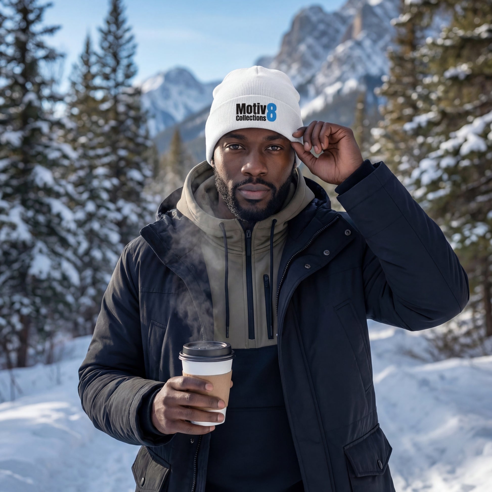 Malik Stone wearing white Motiv8 Collections beanie and black parka on snowy forest trail, holding hot coffee on winter walk
