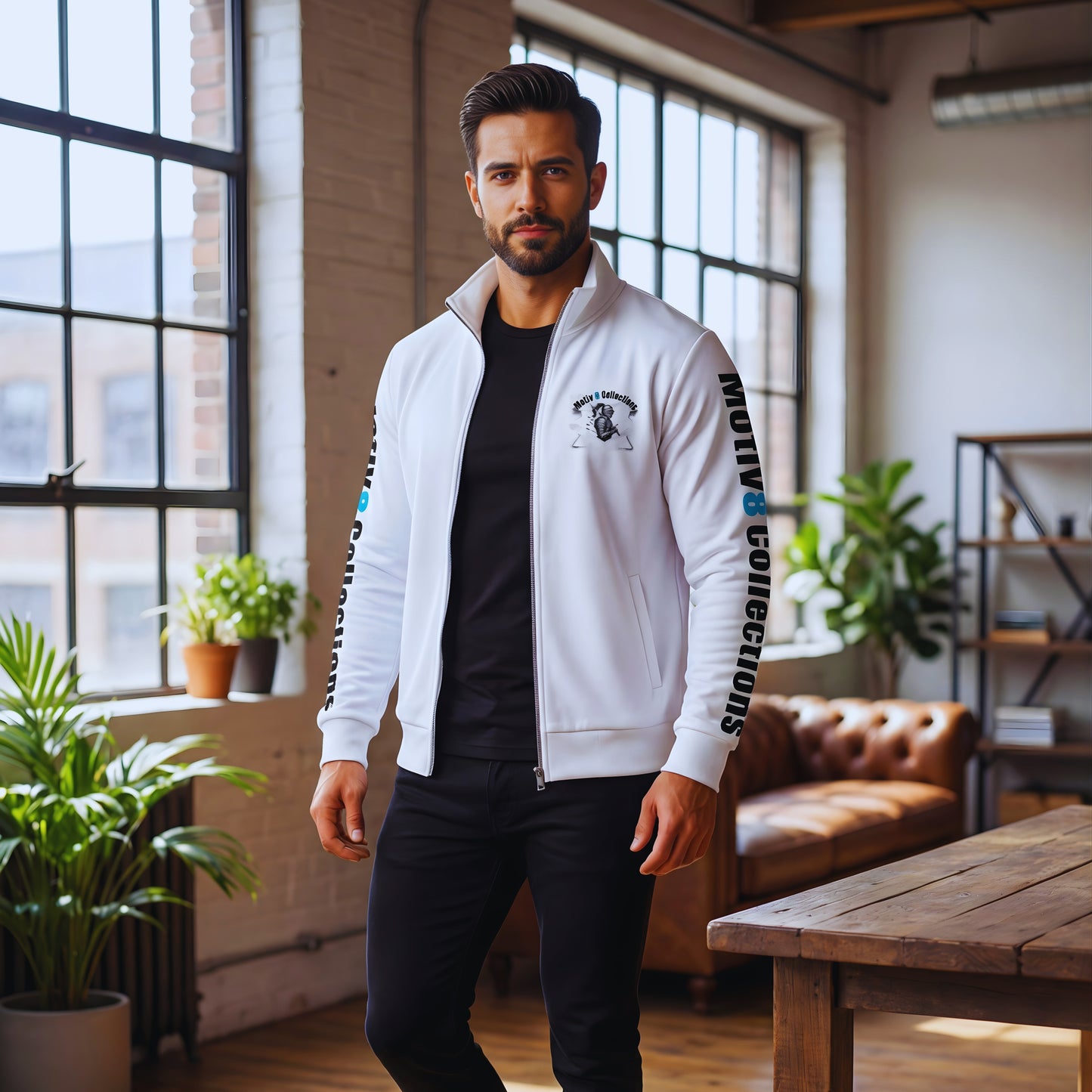 Adrian in the white Motiv8 Collections track jacket inside the industrial loft studio, front view with full-zip, knight crest chest emblem and bold Motiv8 Collections sleeve typography styled with black tee and jeans.