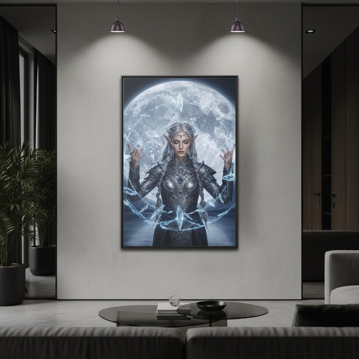Mystic Moon Lumera framed canvas in a black frame on a dark gallery wall, elven sorceress casting crystal magic under a glowing full moon.