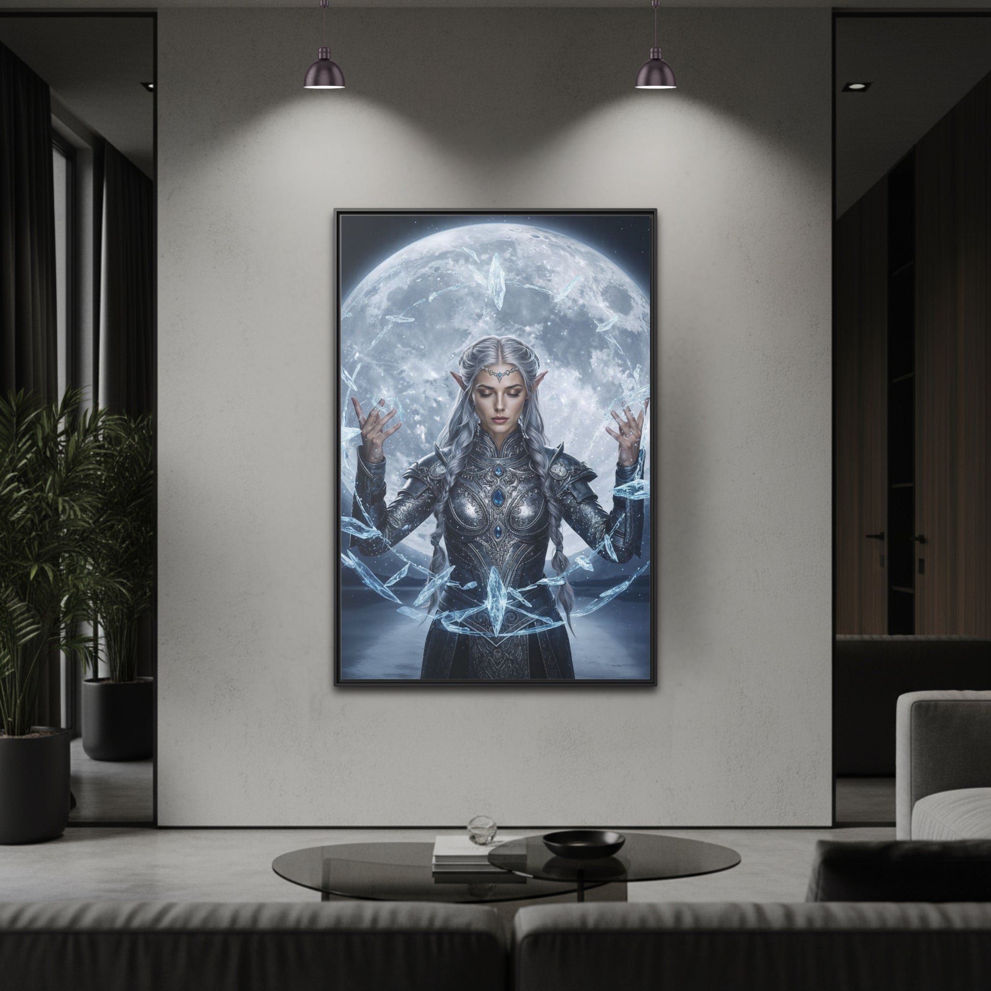 Mystic Moon Lumera framed canvas in a black frame on a dark gallery wall, elven sorceress casting crystal magic under a glowing full moon.