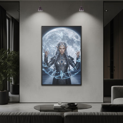 Mystic Moon Lumera framed canvas in a black frame on a dark gallery wall, elven sorceress casting crystal magic under a glowing full moon.