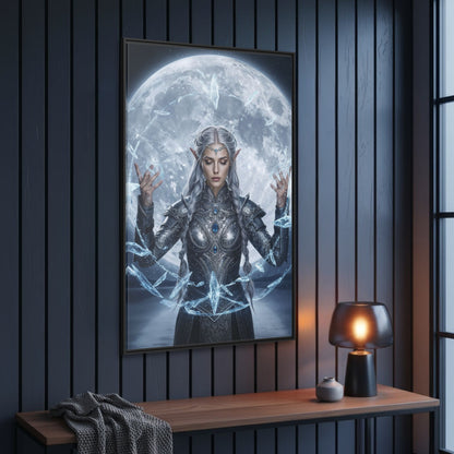 Side view of Mystic Moon Lumera fantasy framed canvas in black frame, detailed elven sorceress and crystal shards glowing against the moon.