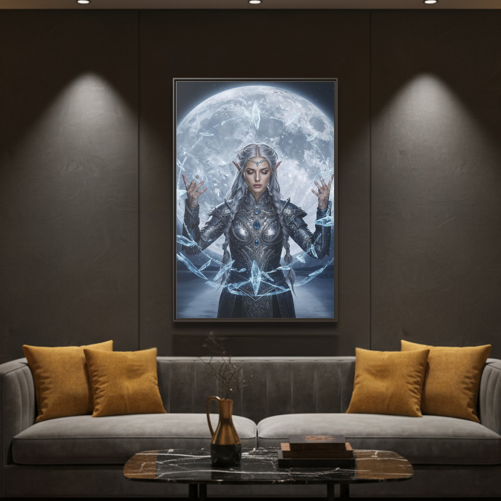 Mystic Moon Lumera framed canvas in an espresso frame above a modern sofa, silver-haired sorceress in armour with moonlit crystal sigils.