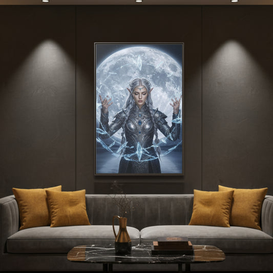Mystic Moon Lumera framed canvas in an espresso frame above a modern sofa, silver-haired sorceress in armour with moonlit crystal sigils.