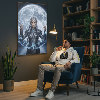 Mystic Moon Lumera framed canvas in an espresso frame beside a reading chair, calm moonlit magic scene creating a cosy fantasy corner.