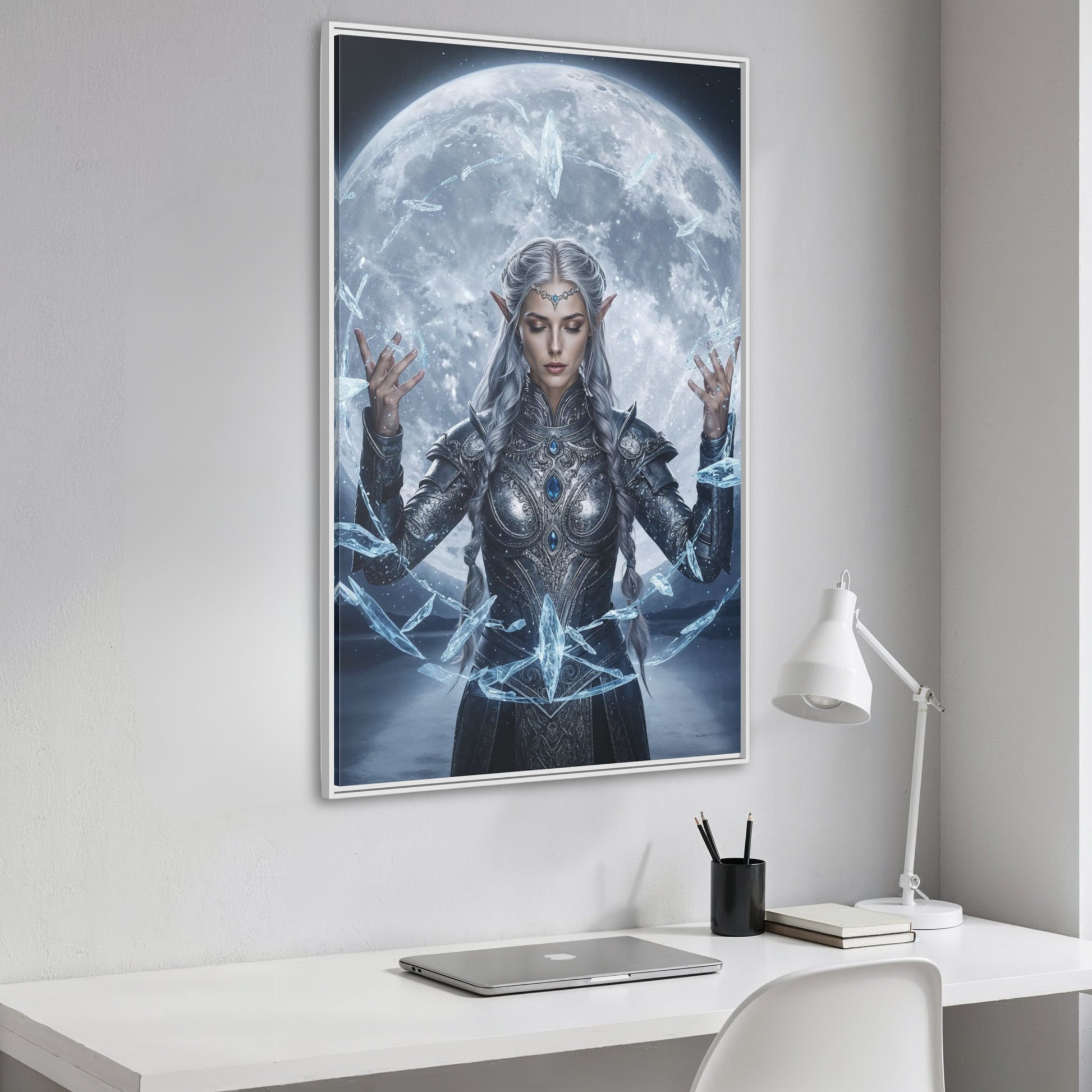 Mystic Moon Lumera framed canvas in a white frame on a feature wall, ethereal sorceress and giant moon adding bright fantasy energy to the room.