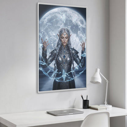 Mystic Moon Lumera framed canvas in a white frame on a feature wall, ethereal sorceress and giant moon adding bright fantasy energy to the room.