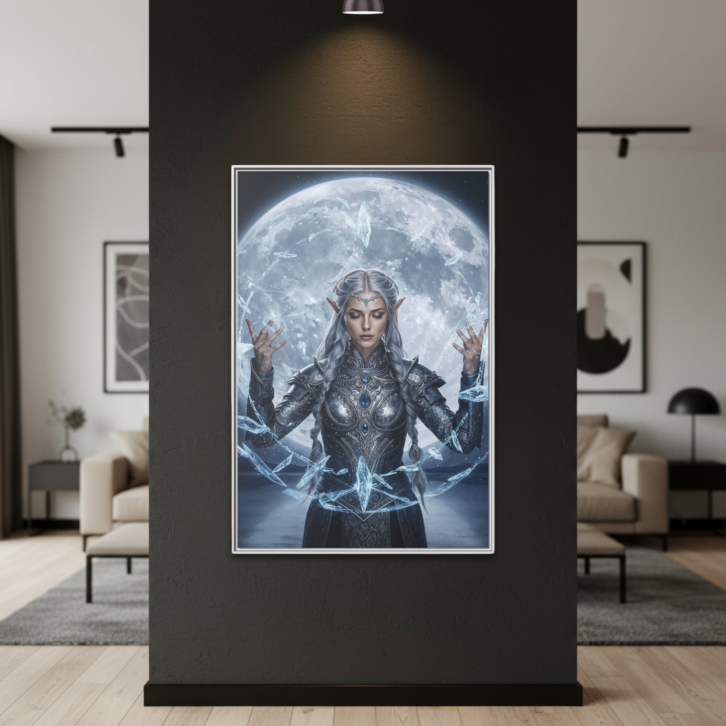 Mystic Moon Lumera framed canvas in a white frame above a minimalist desk, fantasy mage standing before a full moon with a ring of icy magic.