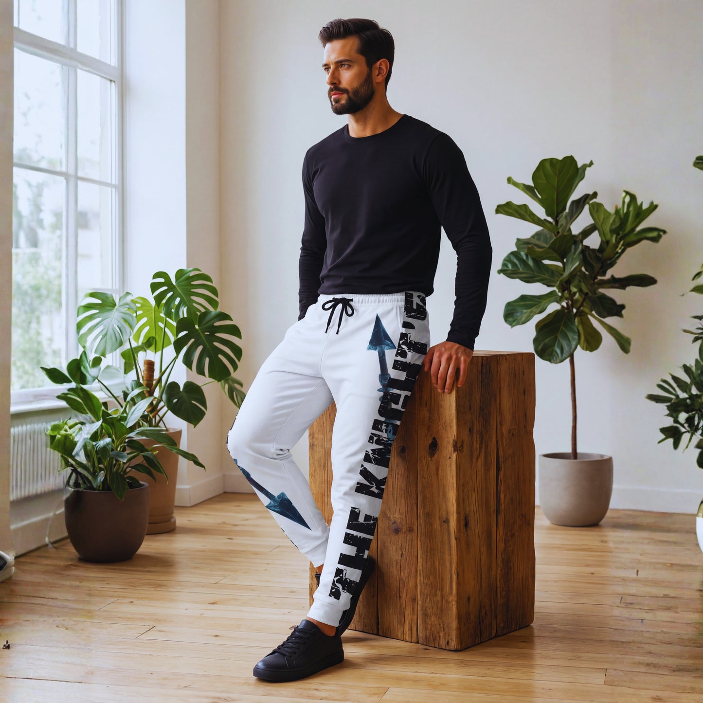 Adrian in an eco-inspired studio wearing The Knight’s Path “Arrow One” white joggers, relaxed pose by wooden block with side arrow print and branding clearly visible.